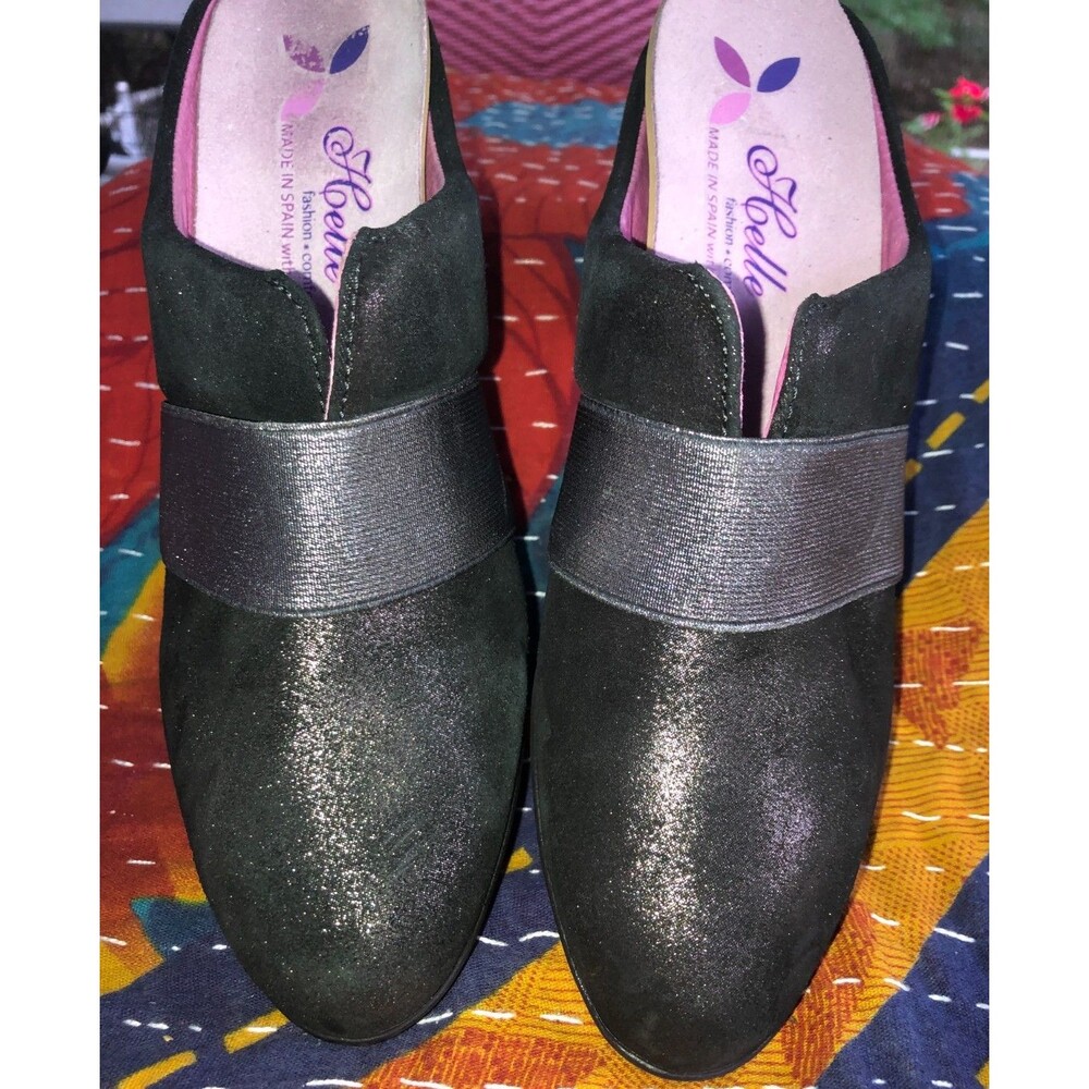 Sac Helle, Rounded toe Leather Open-back mule Heels Shoes, Black shimmer 8.5